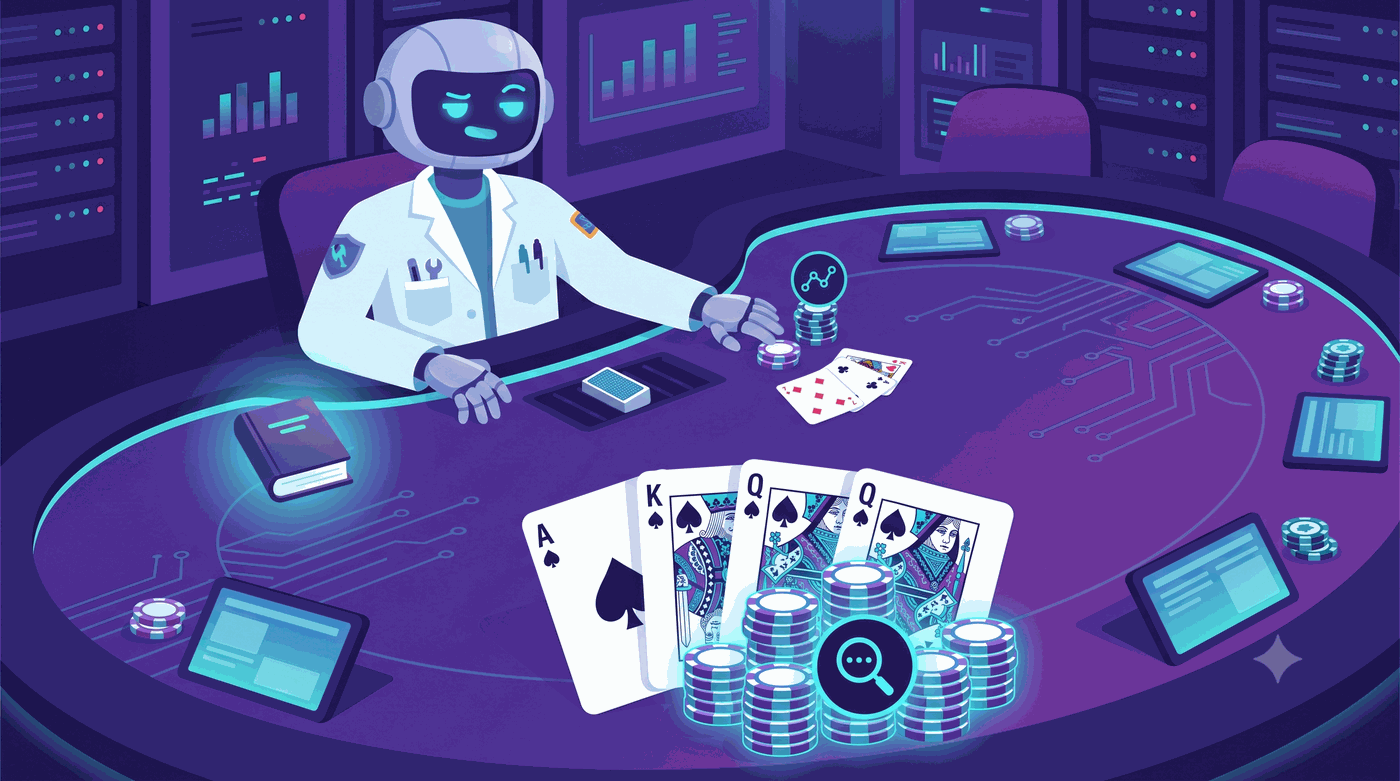 A robot dealer folding its graph-retrieval hand while vector search's stack wins the pot, with a steady source-of-truth ledger on the side