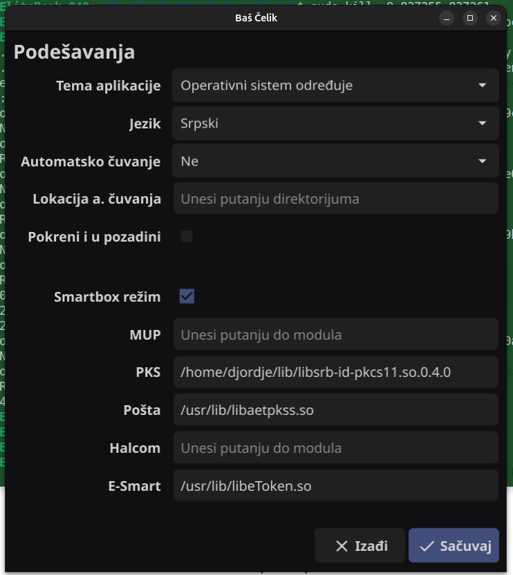 Baš Čelik settings screen